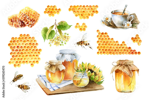 Big watercolor set on theme of honey