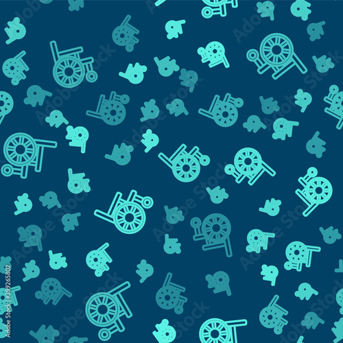 Green line Wheelchair for disabled person icon isolated seamless pattern on blue background. Vector.