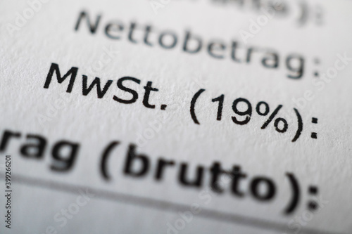 Mehrwertsteuer or MWSt - value-added tax or VAT in German - macro of receipt with shallow depth of field