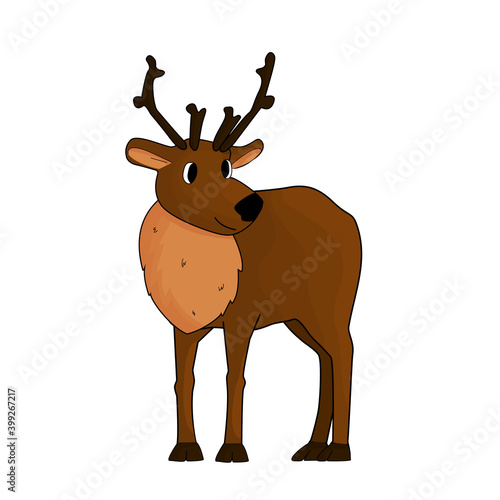 Isolated Cute hand drawn cartoon deer or caribou with antlers on white background