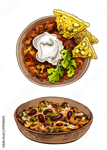 Chili con carne in bowl - mexican traditional food. Vector vintage hatching