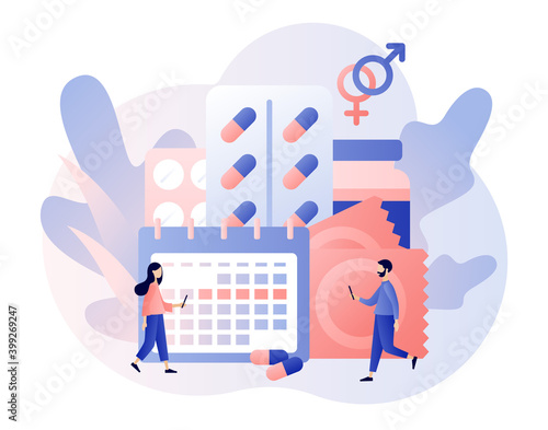 Contraception concept. Contraceptive methods in sexual and reproductive health. Safe sexual behavior, birth fertility control. Modern flat cartoon style. Vector illustration on white background
