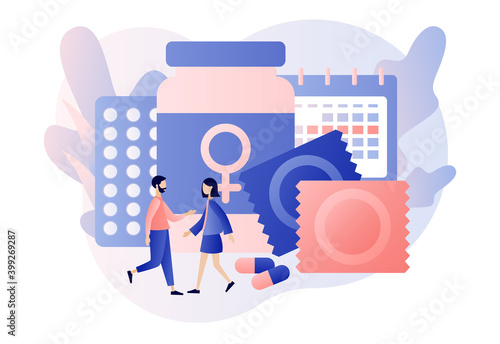 Contraception concept. Safe sexual behavior, birth fertility control. Contraceptive methods in sexual and reproductive health. Modern flat cartoon style. Vector illustration on white background
