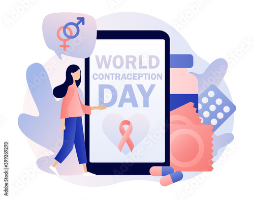 World Contraception Day-text on smartphone screen. Contraceptive methods in sexual and reproductive health. Safe sexual behavior, birth fertility control. Modern flat cartoon style.Vector illustration