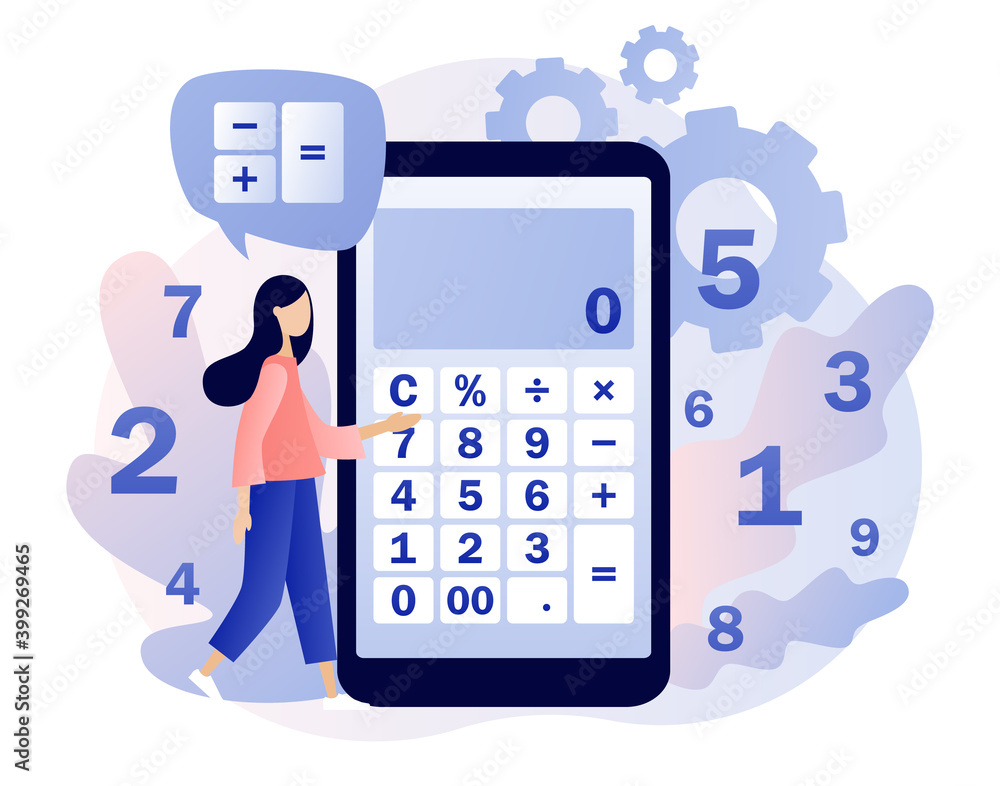 Calculator app. Tiny people with calculating. Accounting, financial analytics, budget calculation, bookkeeping, audit debit and credit calculations. Modern flat cartoon style. Vector illustration Calculator app. Tiny people with calculating. Accounting, financial analytics, budget calculation, bookkeeping, audit debit and credit calculations. Modern flat cartoon style. Vector illustration
