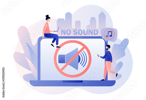 No sound. Quiet zone concept. Stop noise sign and tiny people. Volume off or mute mode sign for smartphone or laptop. Modern flat cartoon style. Vector illustration on white background