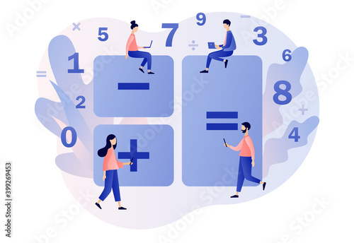 Calculator concept. Accounting, financial analytics, bookkeeping,  budget calculation, audit debit and credit calculations. Tiny people with calculating. Modern flat cartoon style. Vector illustration