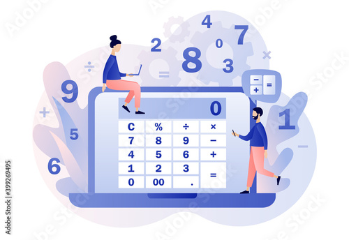 Calculator online or app. Tiny people with calculating. Accounting, financial analytics, bookkeeping,  budget calculation, audit debit and credit calculations. Modern flat cartoon style. Vector 