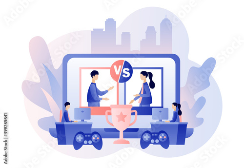 E-sport and cybersport concept. Professional gamers at video game online tournament competing  for trophy. Modern flat cartoon style. Vector illustration on white background