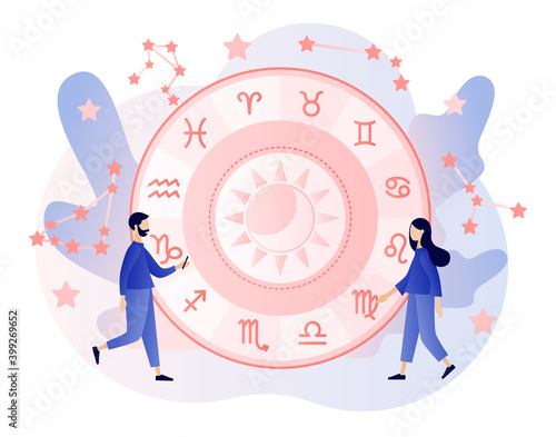 Astrology science concept. Tiny people astrologers reading natal chart. Astrological forecast. Zodiac, celestial coordinate system, stars and constellations. Modern flat cartoon style. Vector
