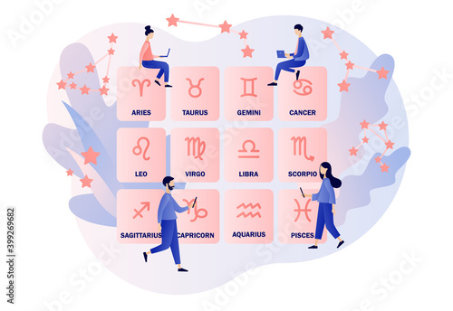 Astrology science concept. Astrological forecast. Zodiac, celestial coordinate system, stars and constellations. Tiny people astrologers. Modern flat cartoon style. Vector illustration 