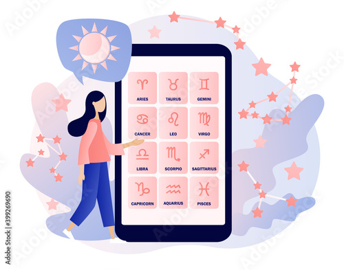 Astrology science concept. Astrological forecast in smartphone app. Zodiac, celestial coordinate system, stars and constellations. Tiny girl astrologers. Modern flat cartoon style. Vector illustration