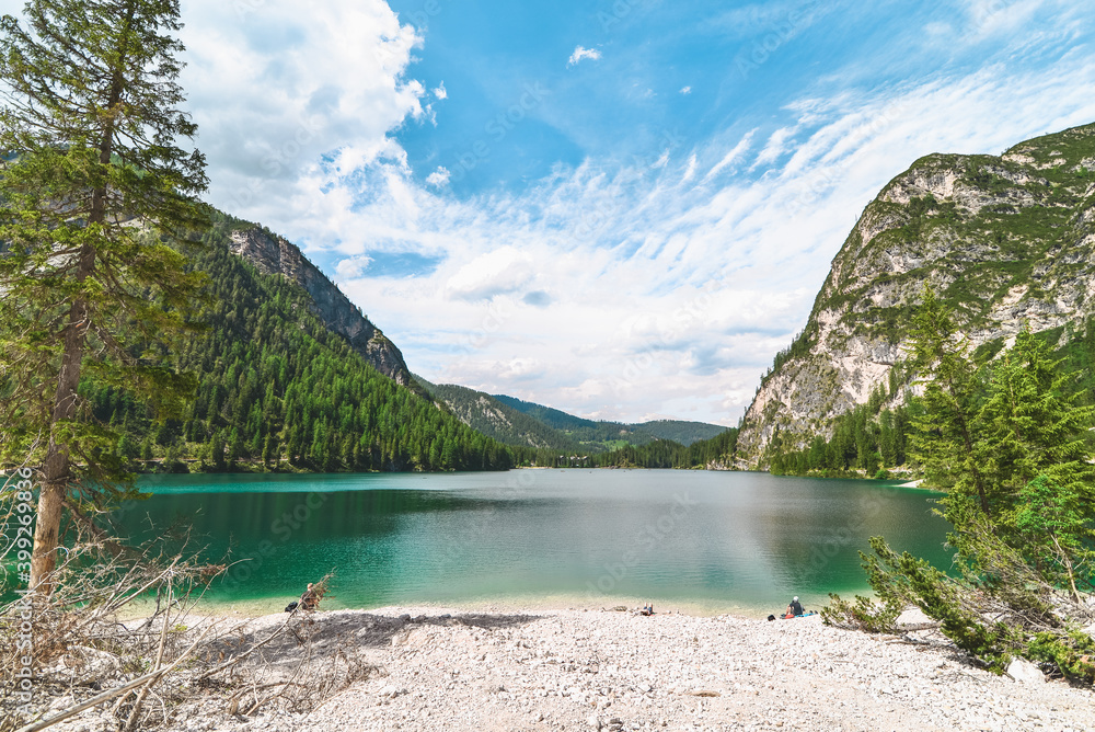 Fototapeta premium landscape view of lake in mountains. summer sunny day
