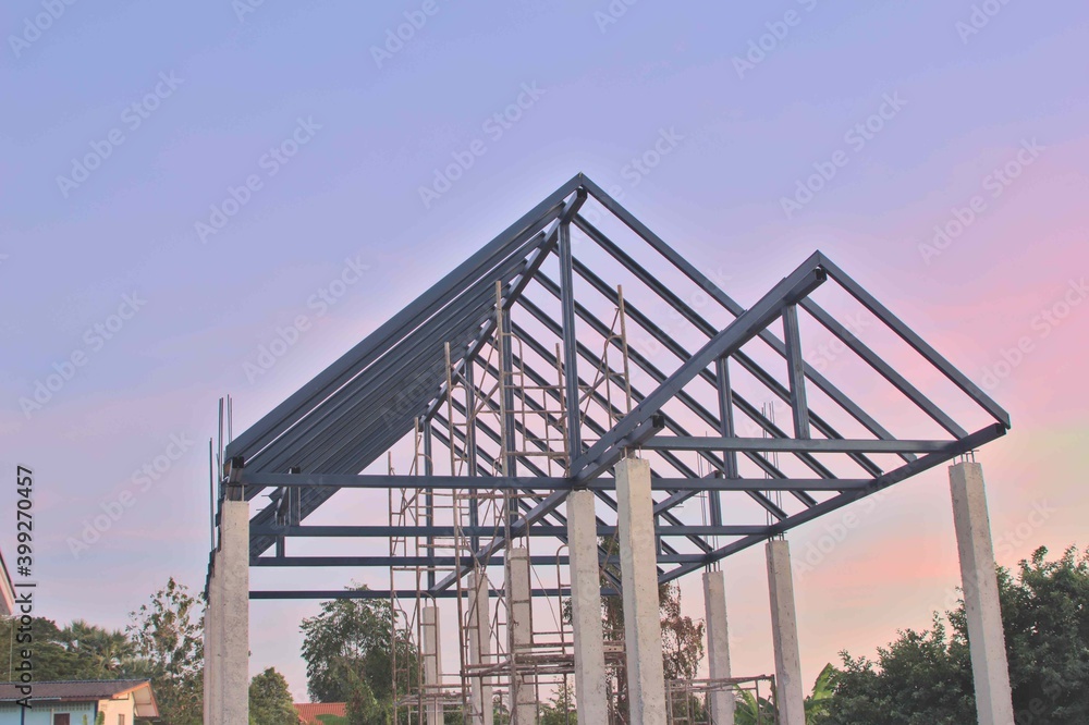 House structure under construction steel roof truss house pillar blue and orange background Gable roof