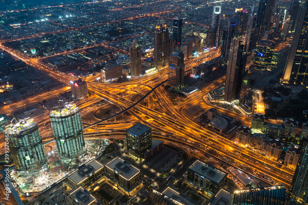 View from Burj Khalifa at dusk, Dubai, United Arab Emirates, U.A.E. View from Burj Khalifa at dusk, Dubai, United Arab Emirates, U.A.E.
