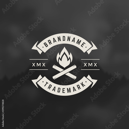 Forest camping logo emblem vector illustration with campfire