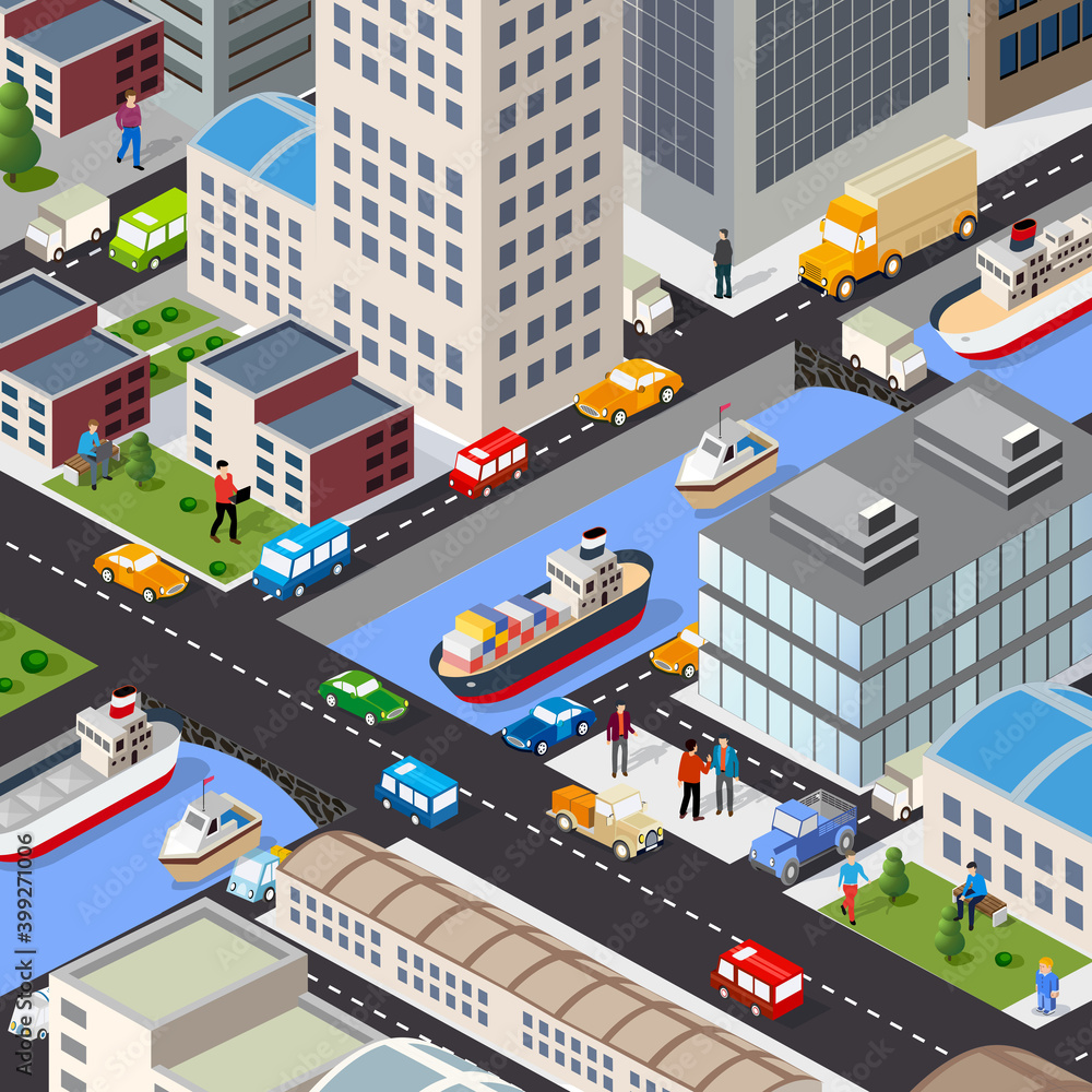 Isometric 3D illustration of the city quarter with houses Isometric 3D illustration of the city quarter with houses