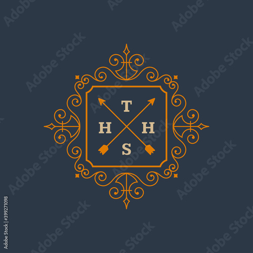Vintage logo monogram template vector elegant flourishes ornaments with ornate frame border design