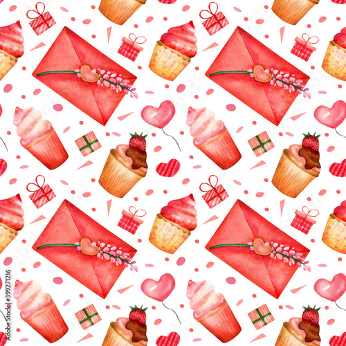 Seamless watercolor pattern on pink background with envelope, flowers, sweets, cakes, cupkakes, balloon, gifts for decor, fabric, wrapping paper photo