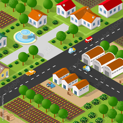 Isometric 3D illustration of the city quarter with houses