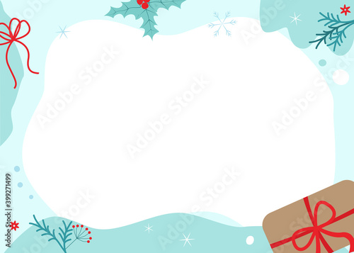 Vector illustration with christmas ball, present, berries and place for text. For greeting card and party invitation, poster or cover, package, advertising, post in social media or mailing, banner.