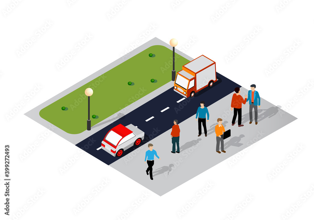 Isometric 3D illustration of the city quarter with houses Isometric 3D illustration of the city quarter with houses