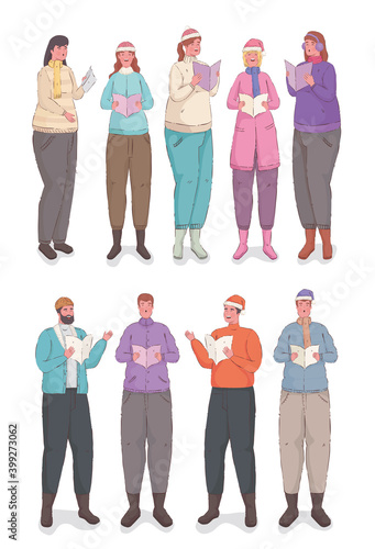 ten persons wearing winter clothes singing christmas carols vector illustration design