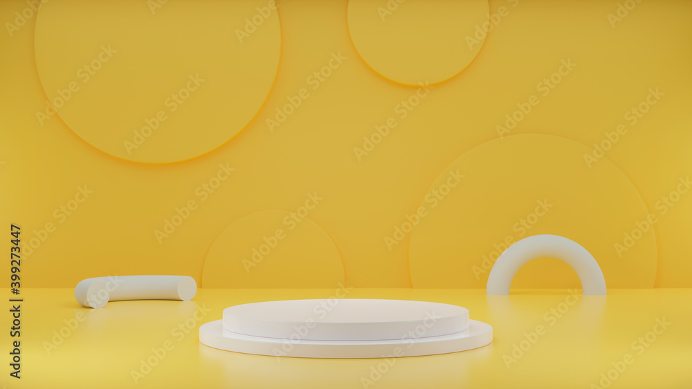 Abstract yellow color geometry shape background, Minimal studio with round pedestal and copy space for product presentation, With space for design. 3D rendering. Abstract yellow color geometry shape background, Minimal studio with round pedestal and copy space for product presentation, With space for design. 3D rendering.