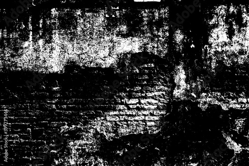 Aged scratched chipped front of fence for 3D dark design. Cracked uneven flaked rot wall of an old castle grunge loft. Brushed peeling dirty ruined exposed stucco on shabby medieval scary street city