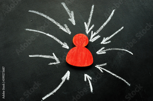 Foto Resilience and assertiveness concept. Red figurine and arrows.