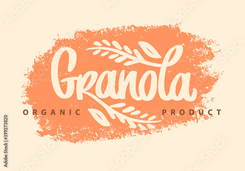 Granola organic product logo vector. Lettering composition and spikelets with grains. Handwritten calligraphy. Health food logotype for package, label