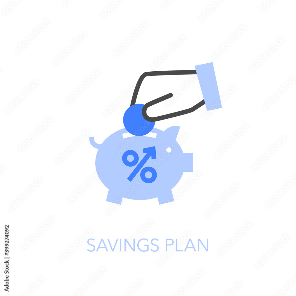 Savings plan symbol with a piggy bank an hand holding a coin. Easy to use for your website or presentation.