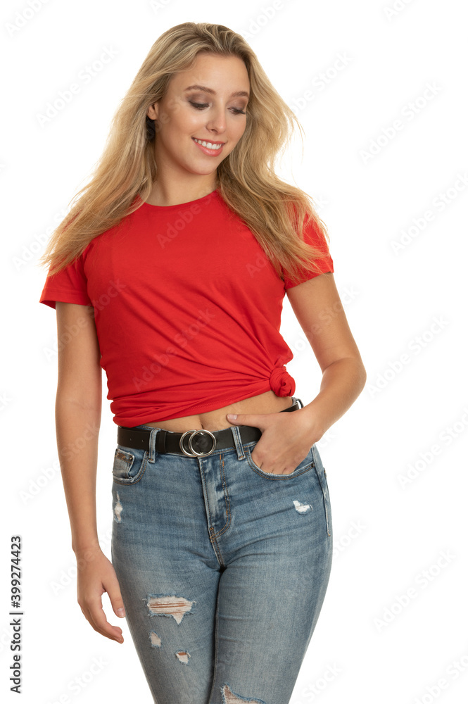 Portrait of a cute teenage girl in red tshirt over white Portrait of a cute teenage girl in red tshirt over white