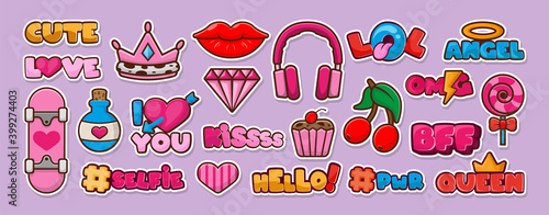 Modern cute colorful patch set.  Fashion badges. lollipop, potion, diamond, lips, cherry, cake, headphones, crown, skateboard.