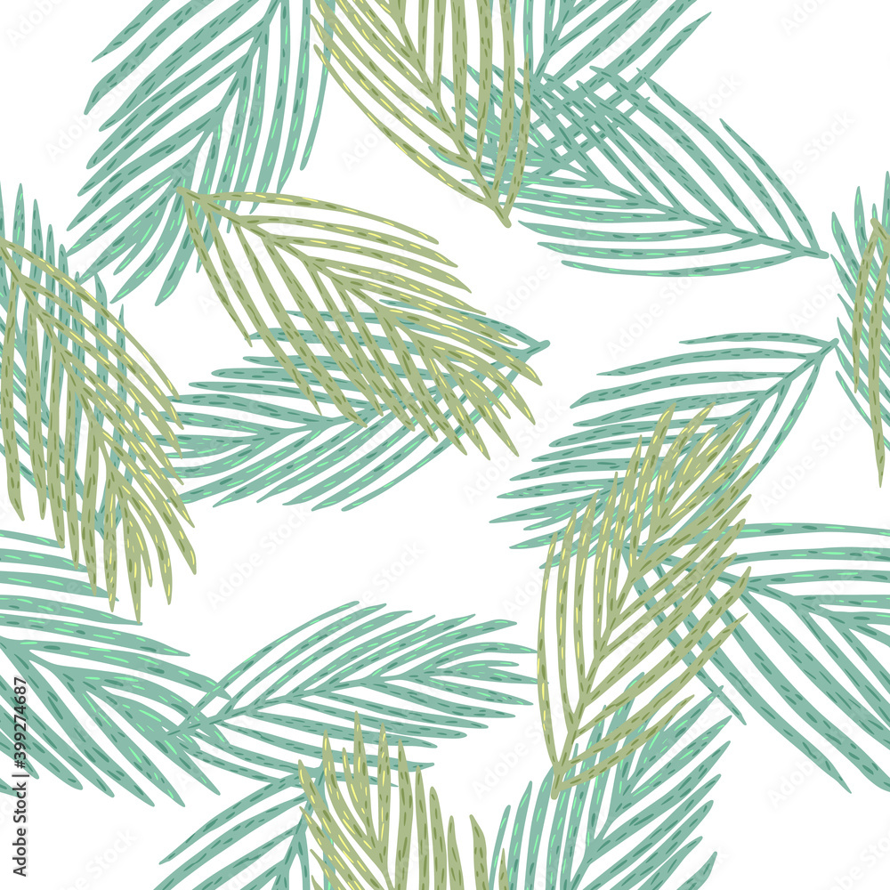 Isolated seamless botanic new year pattern with green and blue fir branches. White background.