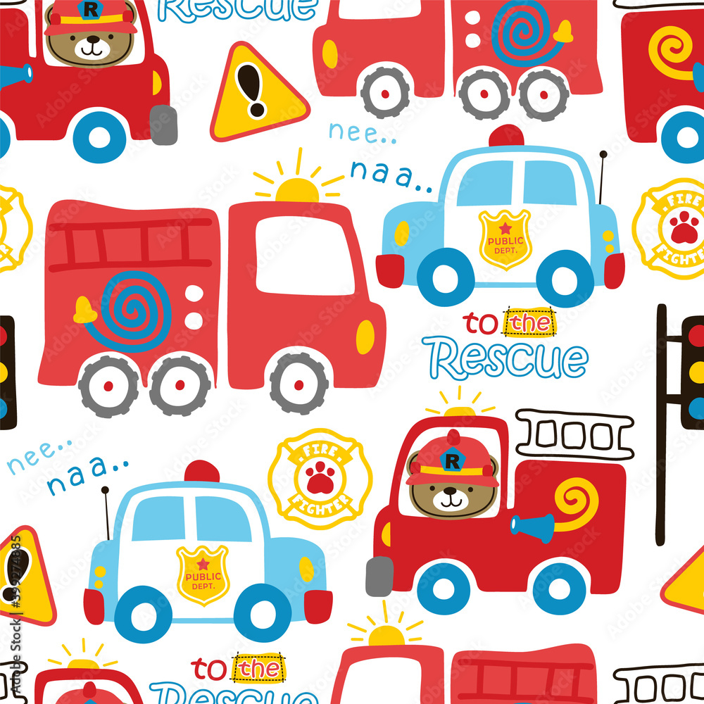 Seamless pattern vector of emergency vehicles cartoon, firefighter with traffic cop Seamless pattern vector of emergency vehicles cartoon, firefighter with traffic cop