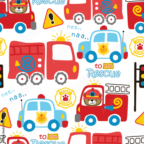 Seamless pattern vector of emergency vehicles cartoon, firefighter with traffic cop