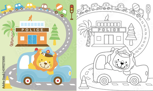 Vector cartoon of traffic theme, cute lion on car