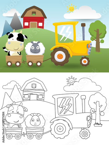 Vector illustration of farm animals cartoon on cart pulling by yellow tractor, farm field theme cartoon