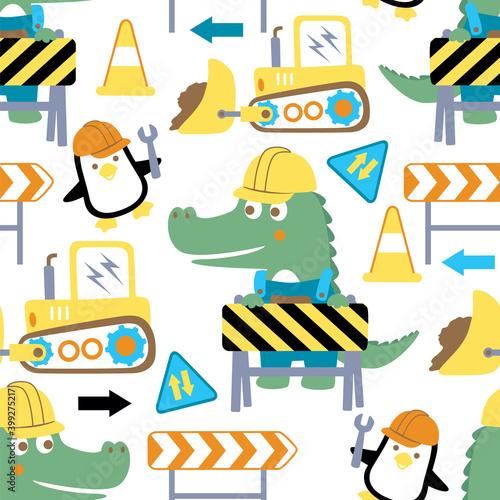 vector of construction theme cartoon with crocodile and penguin