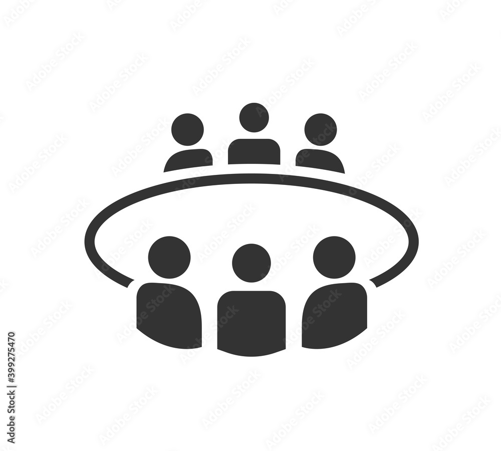 Brainstorming and teamwork icon. Business meeting. Group of five people in conference room sitting around a table working together on new creative projects. Flat vector design. Brainstorming and teamwork icon. Business meeting. Group of five people in conference room sitting around a table working together on new creative projects. Flat vector design.