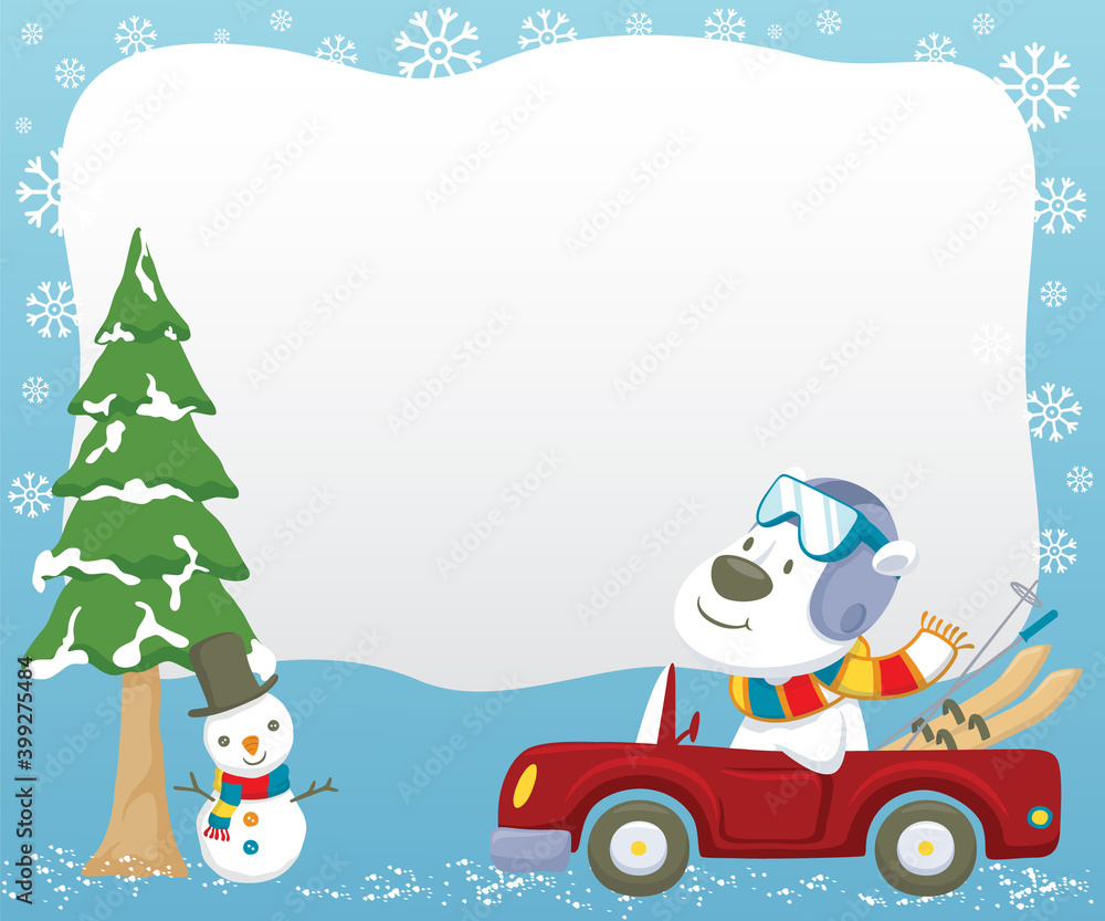 polar bear cartoon driving car while carrying skiing equipment at winter polar bear cartoon driving car while carrying skiing equipment at winter