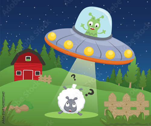 Vector of alien cartoon in UFO kidnaping a sheep in farm field