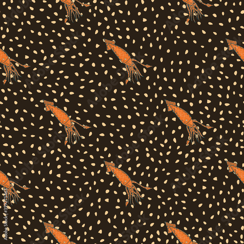 Decorative seamless seafood ornament with squid ornament. Brown dotted background.