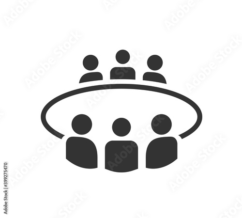 Brainstorming and teamwork icon. Business meeting. Group of five people in conference room sitting around a table working together on new creative projects. Flat vector design.