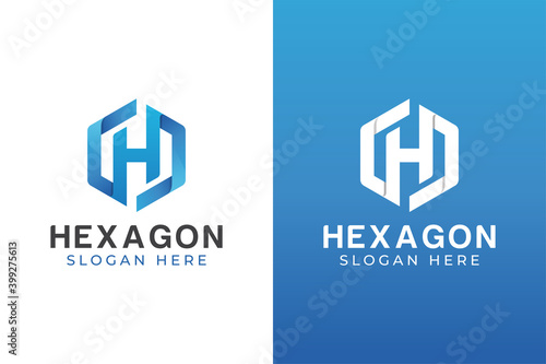 modern color letter H with hexagon logo design two versions
