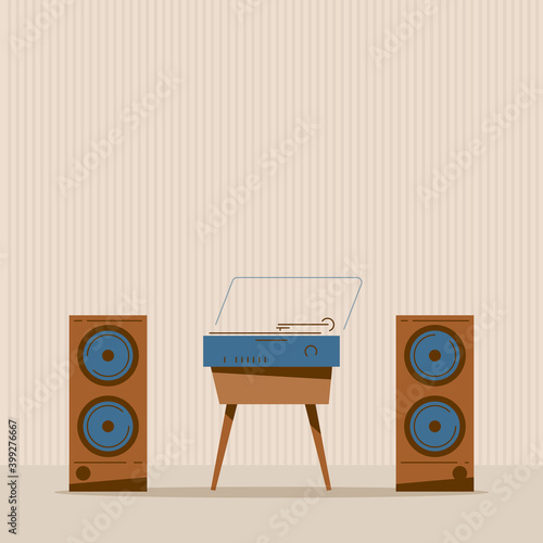 Turntable with vinyl music. Retro style vinyl disc player with audio speakers. Retro style room with speakers and music party. Old-fashioned vector illustration.