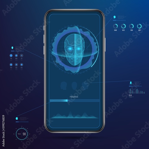 Face id. Facial recognition technology, portrait scan and identity protection. 3d mobile scanner, personal identification and security access vector illustration. Recognition biometric facial scanner