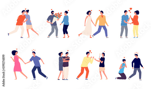 Dream of love. Heartbroken, self confidence woman man. Feeling depreciation, isolated romantic people. Broken relationship vector set. Illustration love heart holiday, valentine relationship character