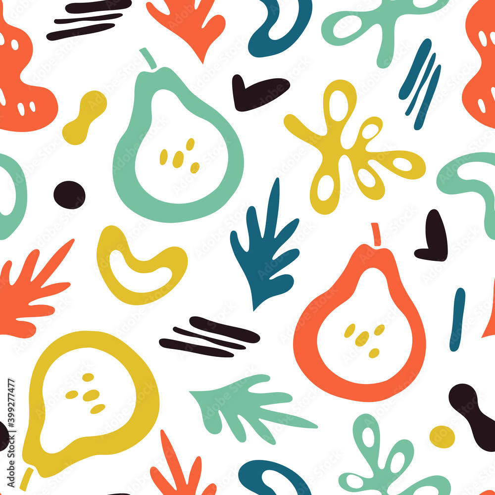 Fototapeta Trendy pears background. Doodle fruits, abstract plants texture. Contemporary fashion print, trendy drawing eco vector seamless pattern. Pear trendy abstract pattern doodle, fruit summer